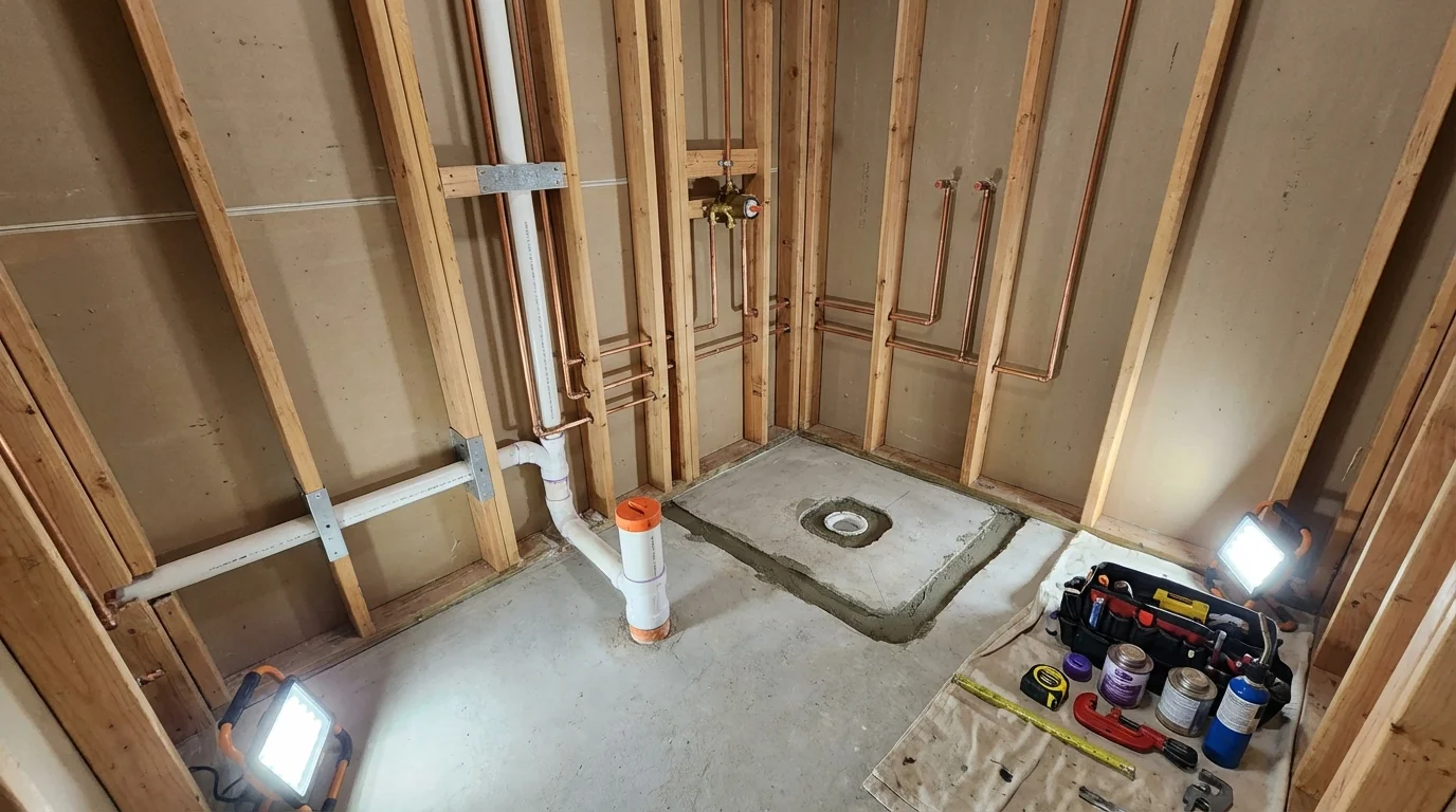 Bathroom rough-in plumbing during remodel by Johns Plumbing LLC in Edgewood