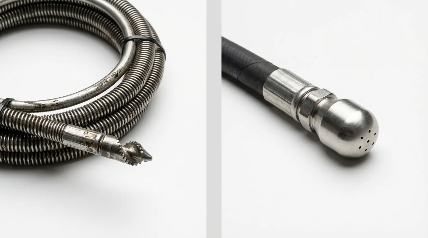Drain snake cable and hydro jetting nozzle used for drain cleaning in Edgewood, TX
