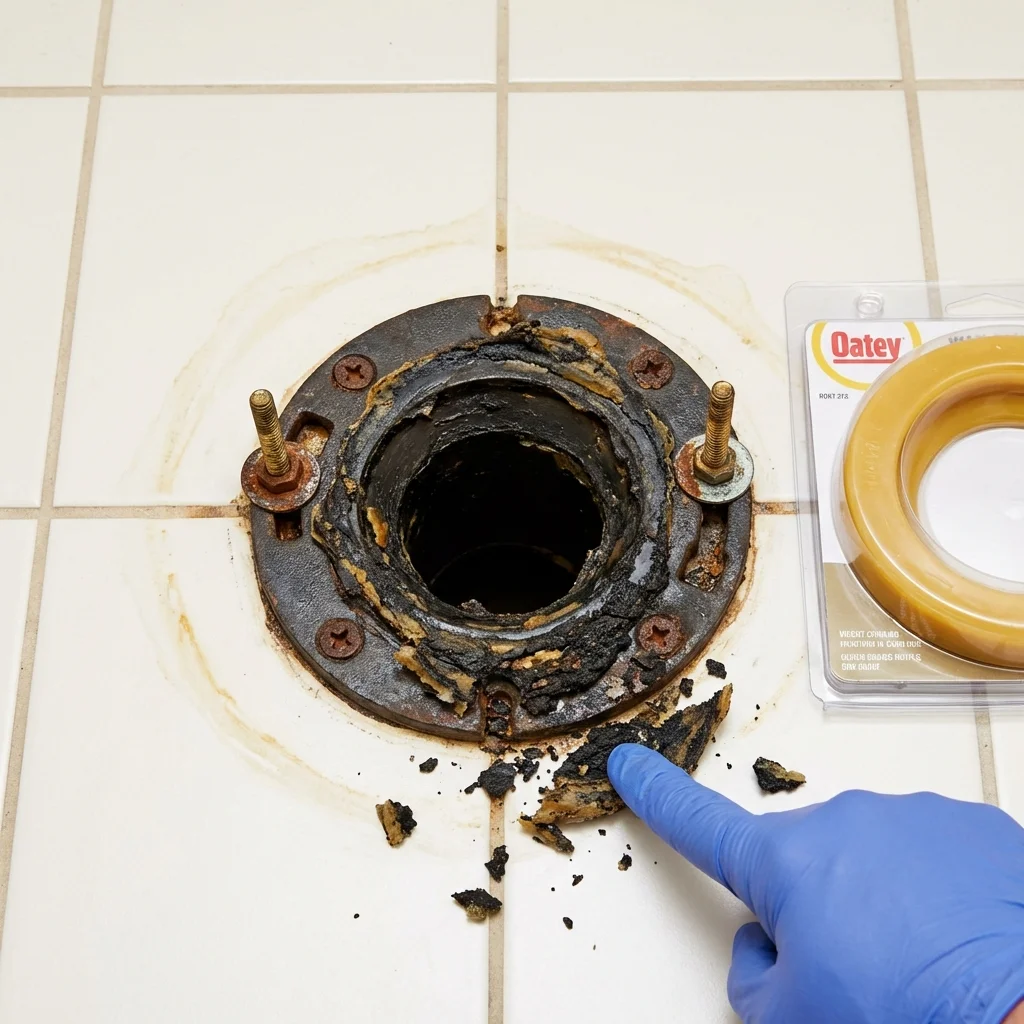 Failed wax ring showing water seepage at the base of a toilet in a Edgewood, TX home