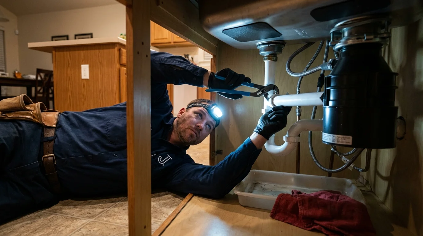 P-trap and supply line connections under a kitchen sink showing a common leak point in Edgewood, TX